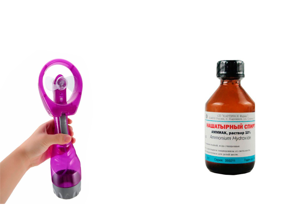 Портативный спрей-вентилятор и нашатырный спирт для предотвращения обморока при беременности в жаркую погоду на улице