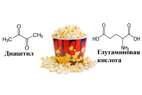 Вред попкорна из-за наличия в его составе глутаминовой кислоты и диацетила